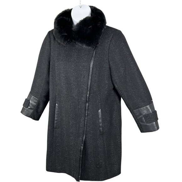 Via Spiga Women 16W Black Wool Blend Faux Fur Collar Asymmetrical Coat Old Money - Picture 10 of 16